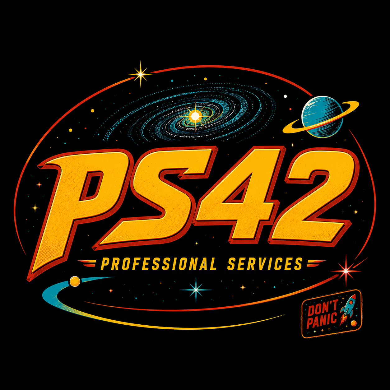 PS42 Professional Services space logo with Don't Panic side stamp